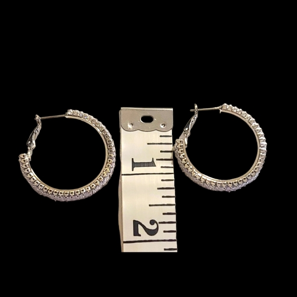 NEW Silver Baguette Diamond Hoop Earrings - Picture 8 of 8